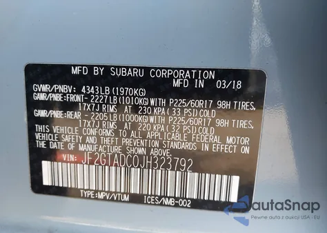 2018 Subaru Crosstrek 2.0I Premium z USA, uszkodzony, nr VIN JF2GTADC0JH323792